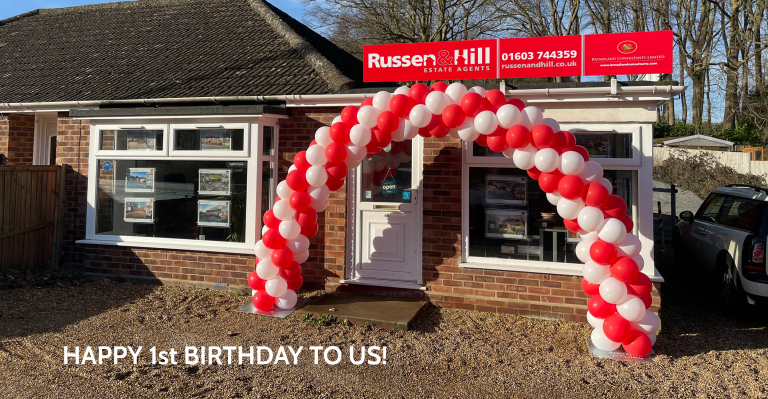 Balloons up outside the Russen & Hill office in New Costessey for their 1st Birthday Party.